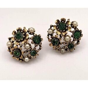 Vintage Signed LISNER Green Jewel-tone Rhinestone Faux Pearl Flower Earrings